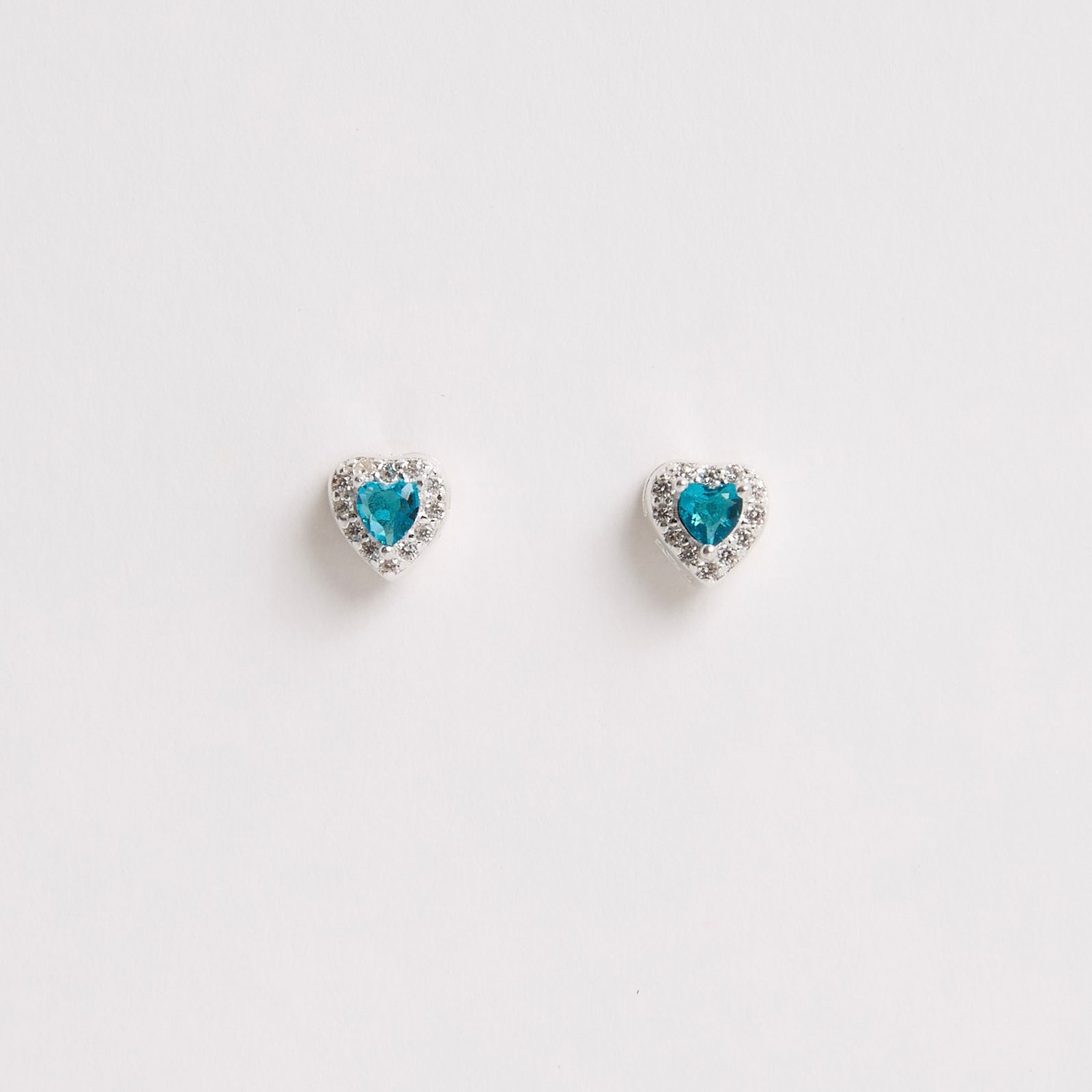Conjunto brinco e colar zircônia coração azul com cravejado 6mm corrente cadeadinho 40cm