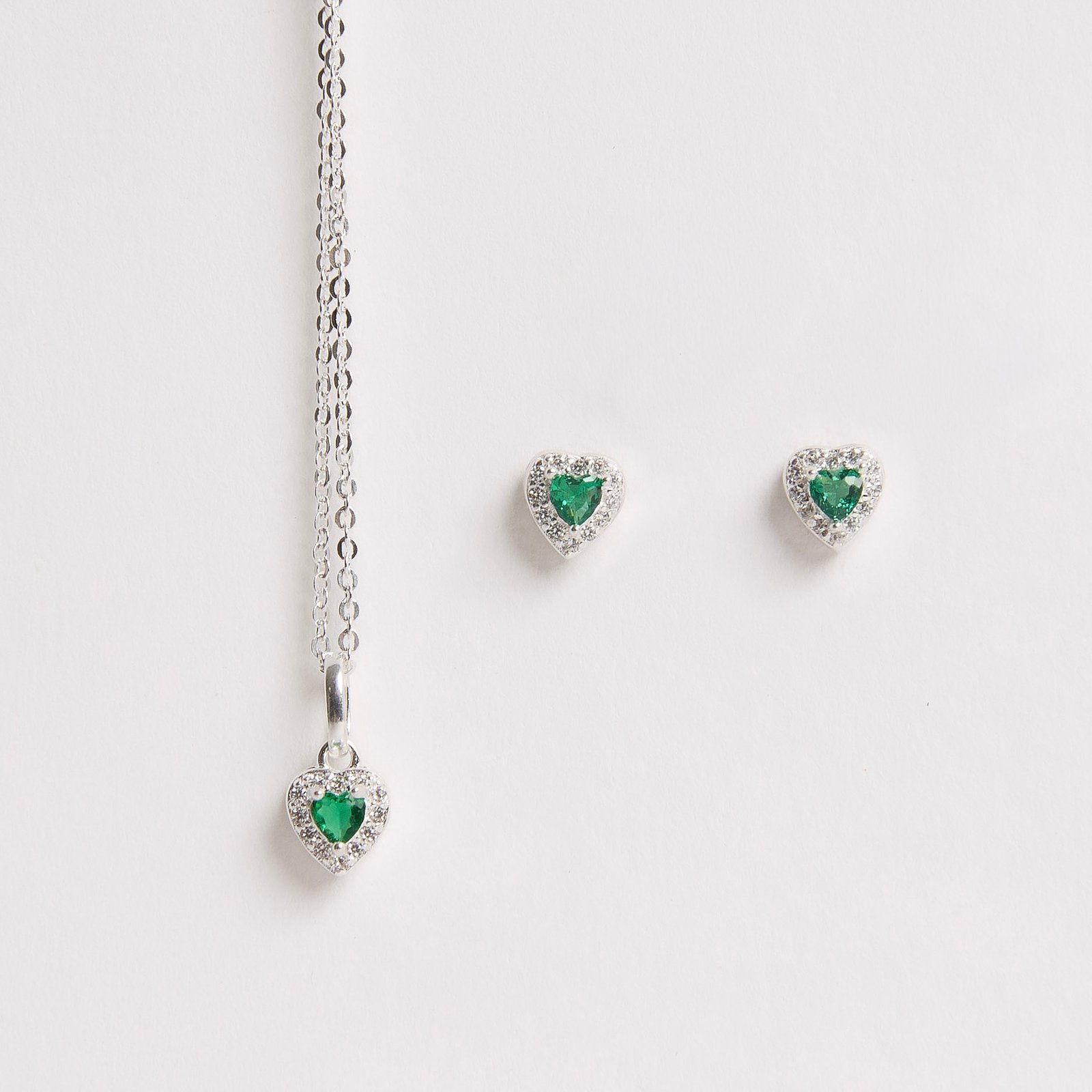 Conjunto brinco e colar zircônia coração esmeralda com cravejado 6mm corrente cadeadinho 40cm