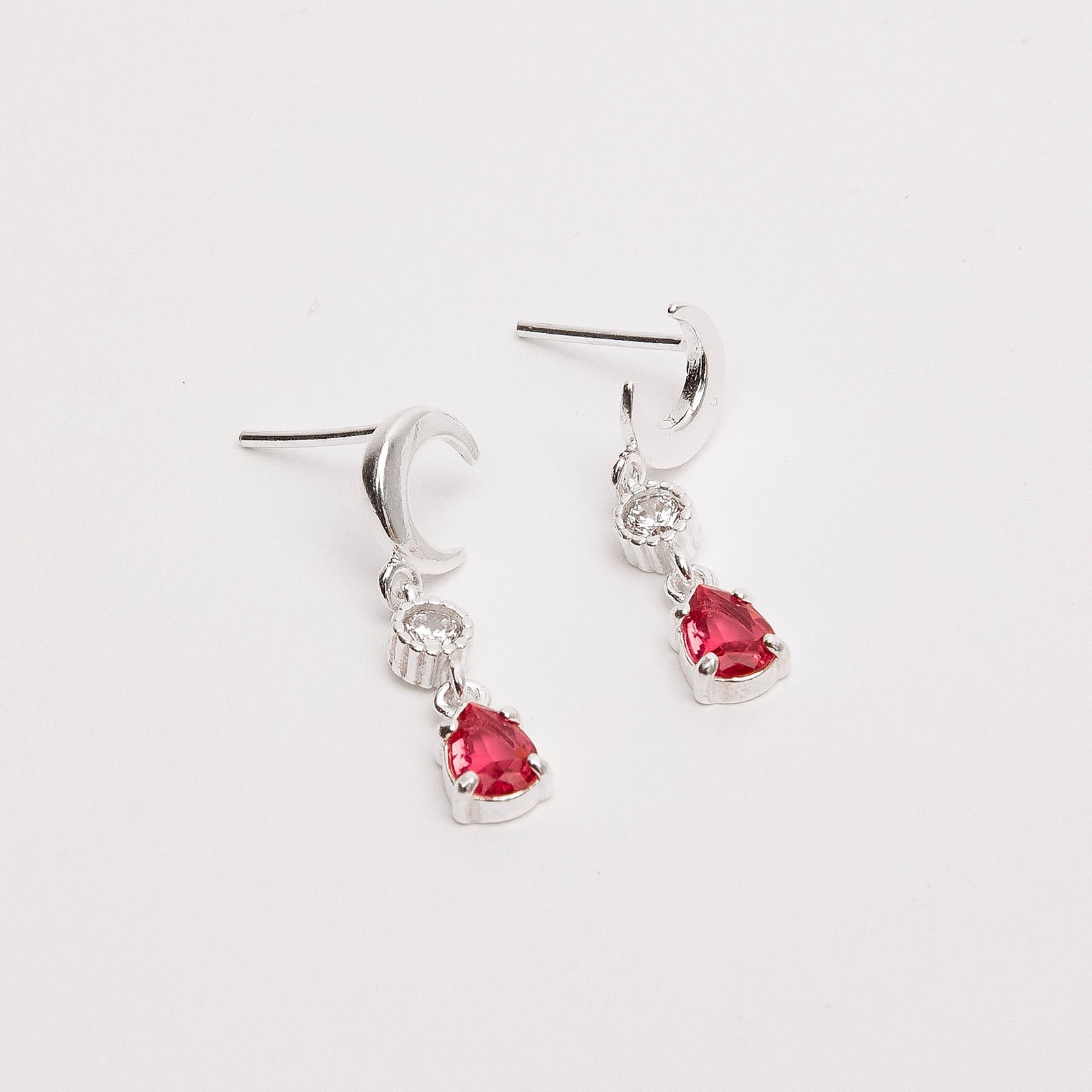 Brinco lua 8mm pingentes zircônias redonda cristal e gota cereja