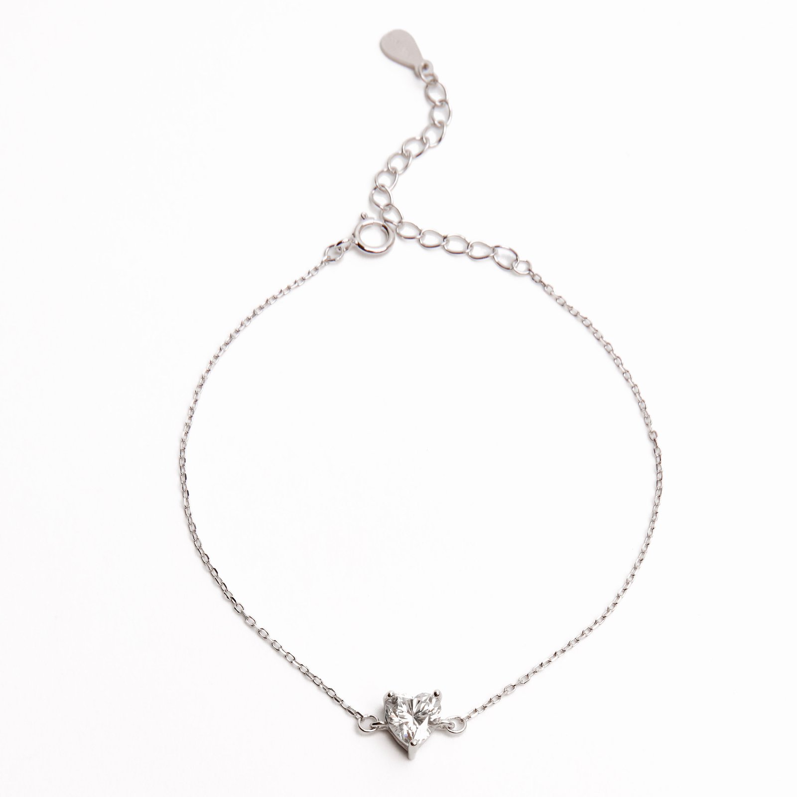 Pulseira entremeio moissanite coração 6mm corrente cadeado 16+4cm ródio
