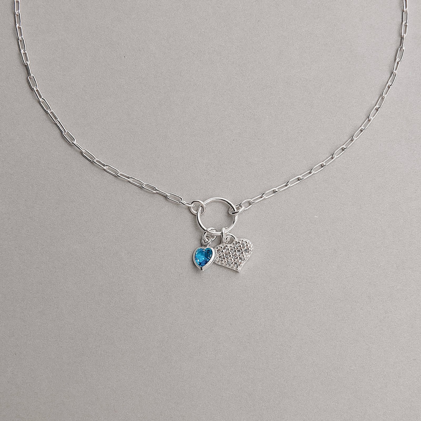 Pulseira entremeio círculo pingentes coração cravejado e zircônia coração azul corrente cartier 17+3cm