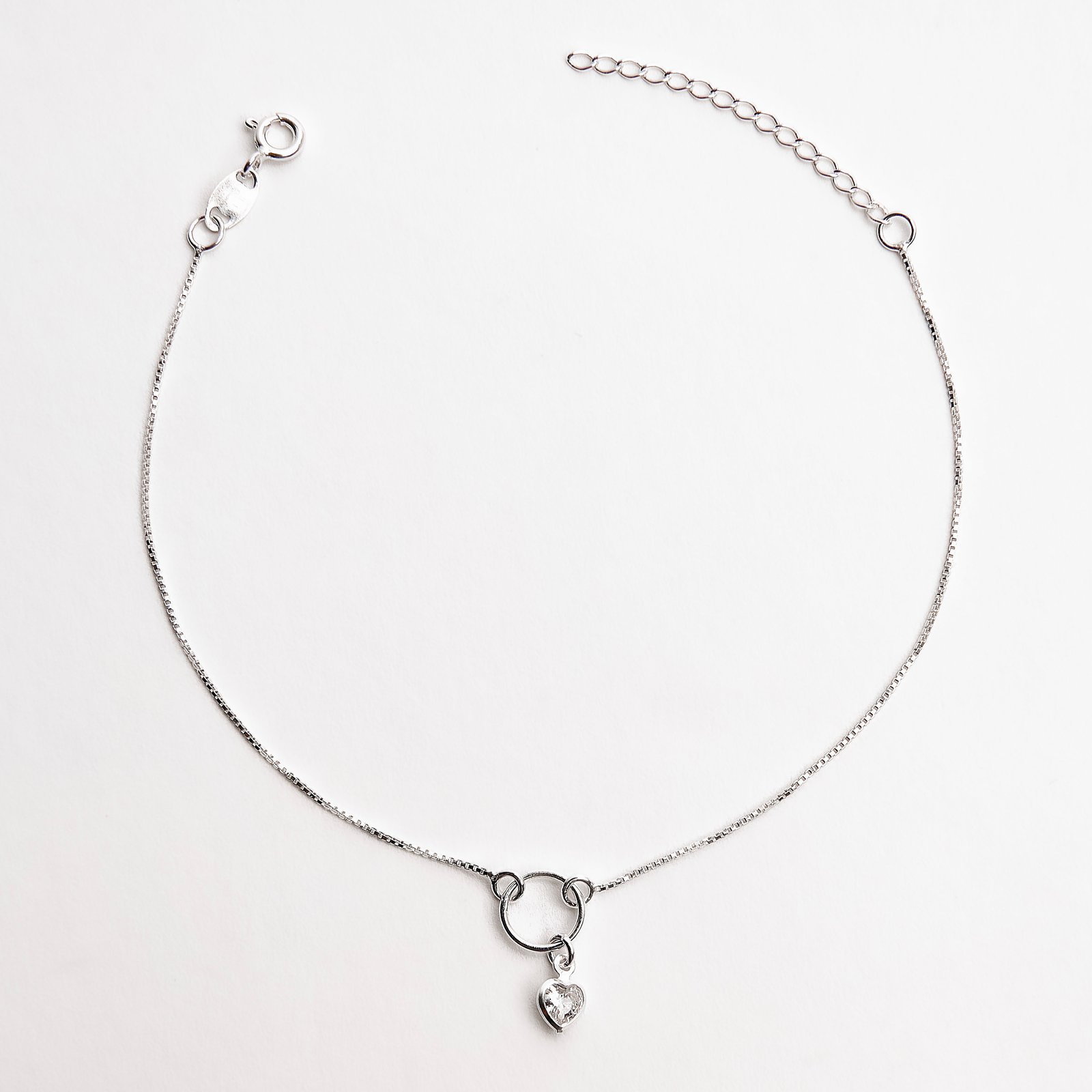 Pulseira entremeio círculo pingente zircônia coração 4mm 19+3cm