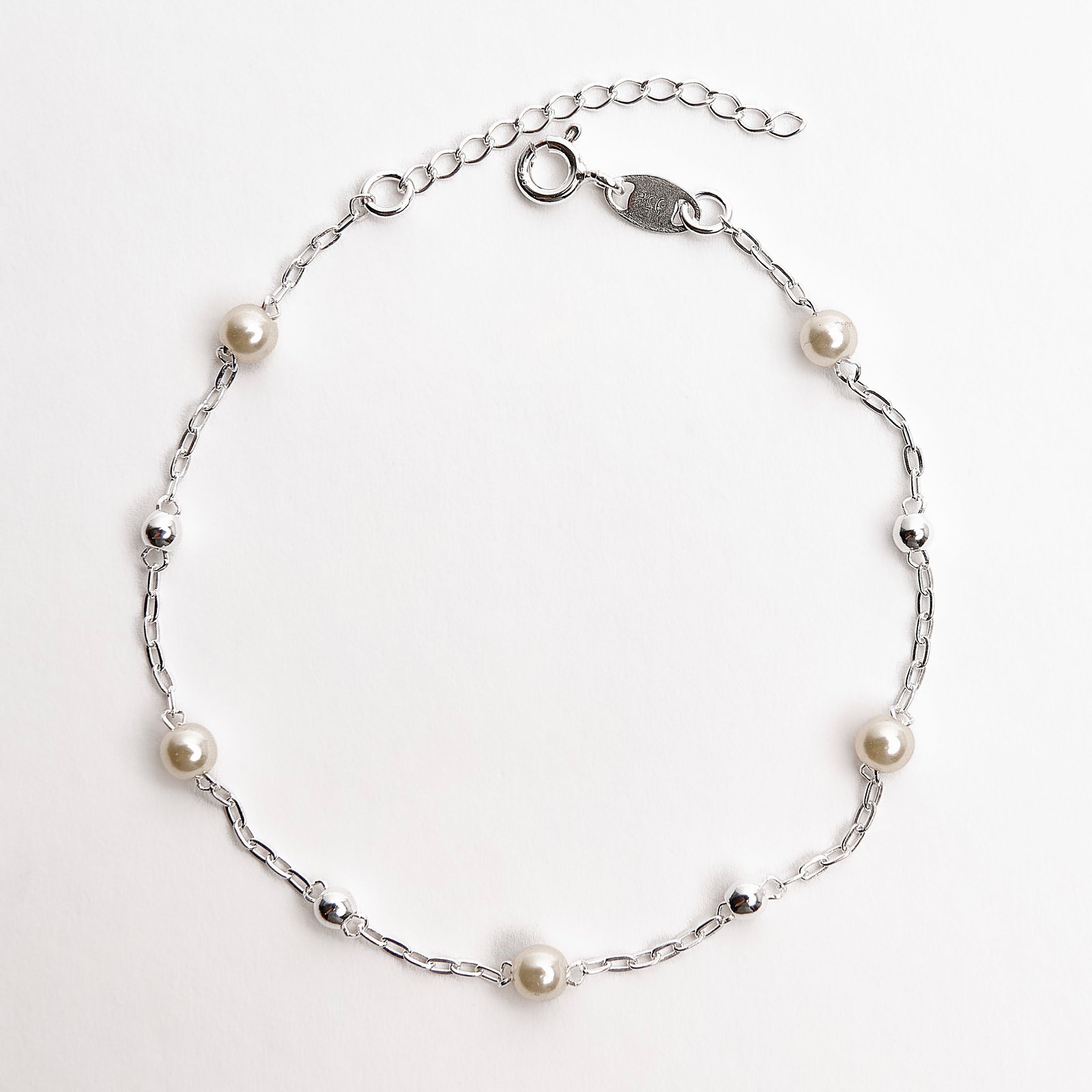 Pulseira entremeio bolas 3mm e pérolas 4mm 18+3cm
