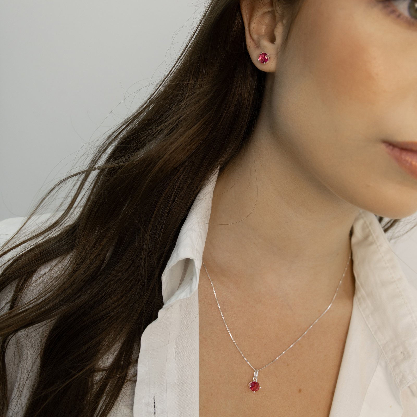 Conjunto brinco e colar zircônia redonda rubi 6mm 45cm