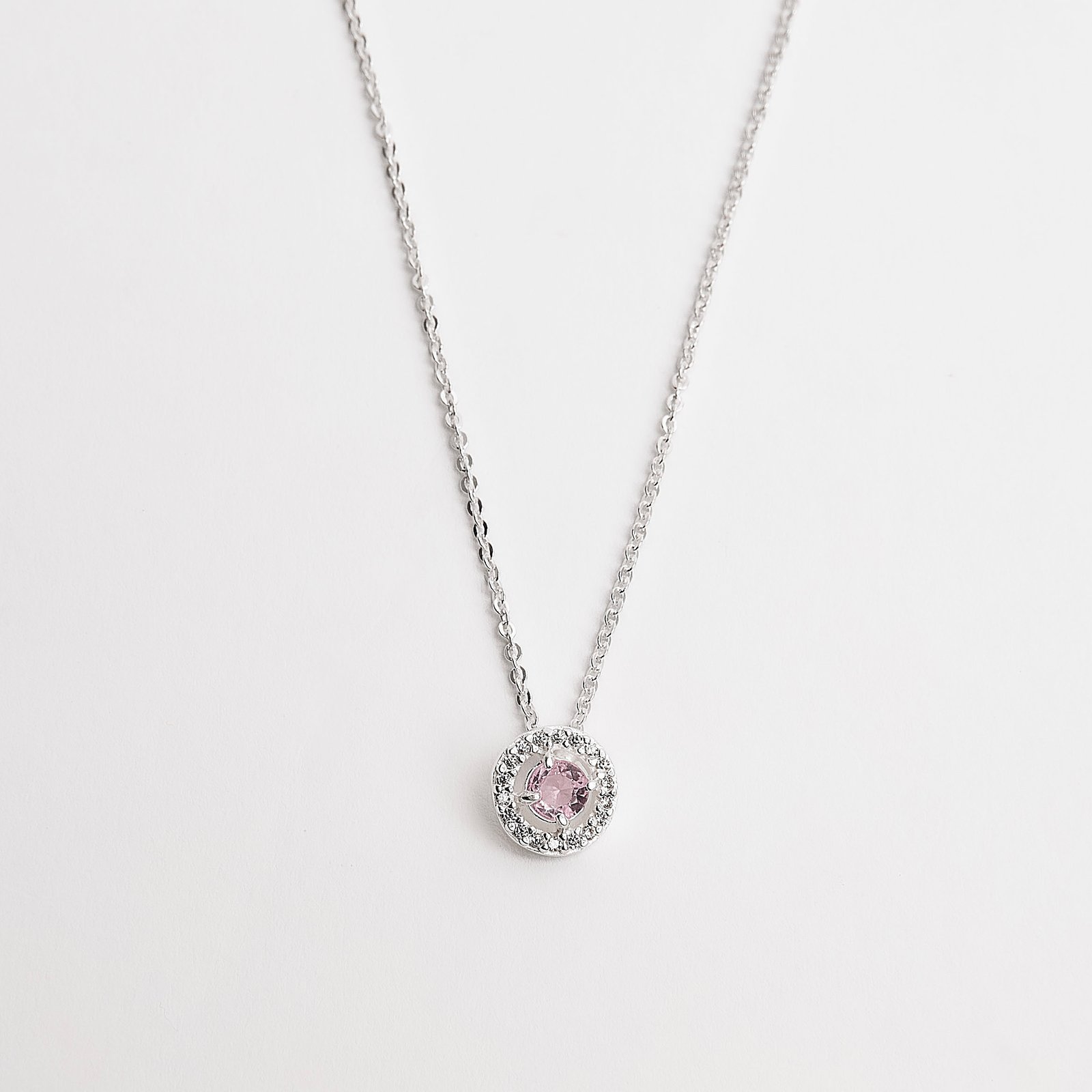 Imagem Colar zircônia redonda rosa com cravejado 9mm corrente cadeadinho 45cm