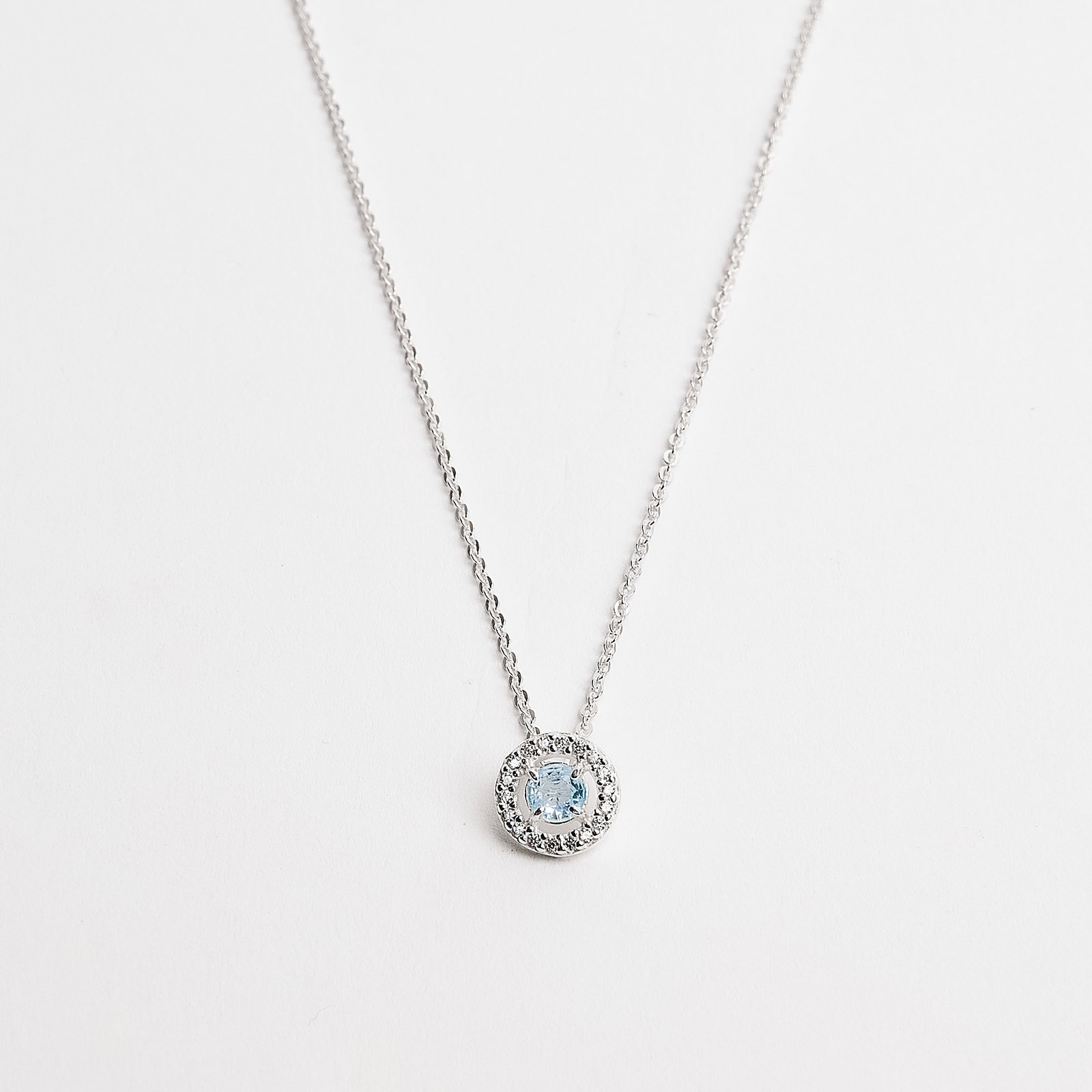 Colar zircônia redonda azul claro com cravejado 9mm corrente cadeadinho 45cm