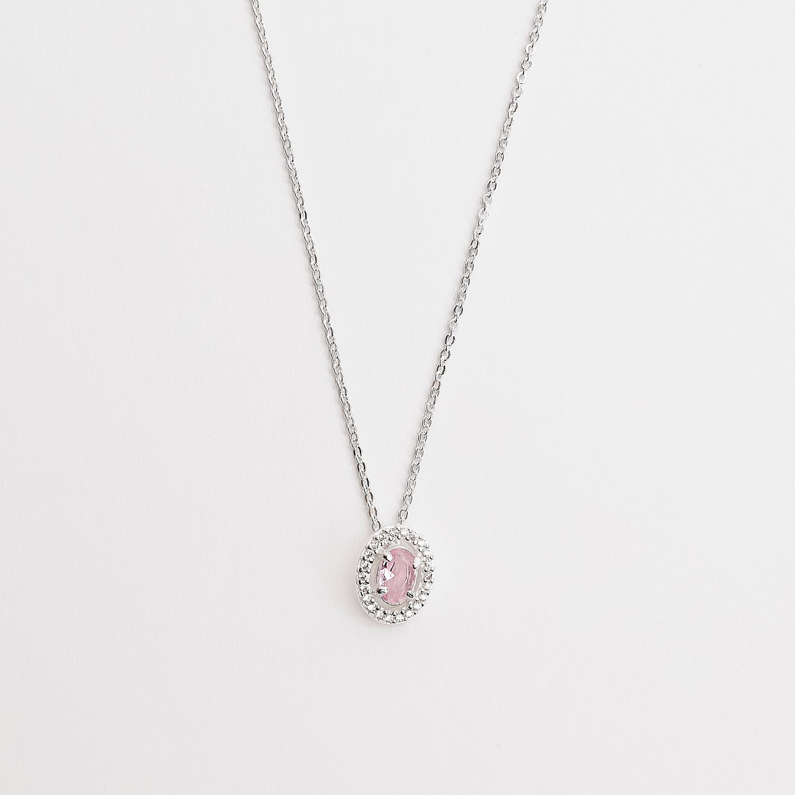 Colar zircônia oval rosa com cravejado 11mm corrente cadeadinho 45cm
