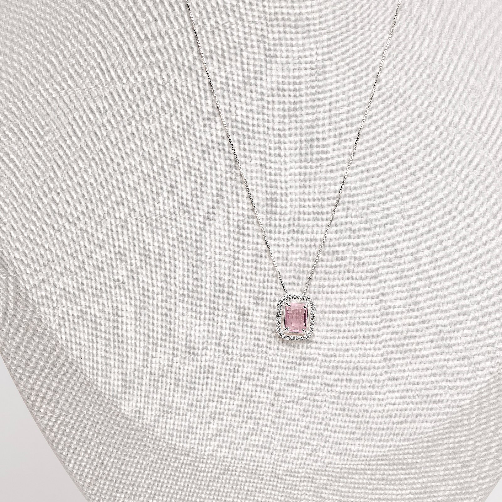 Imagem Secundária Colar zircônia retangular rosa com cravejado 13mm 45cm