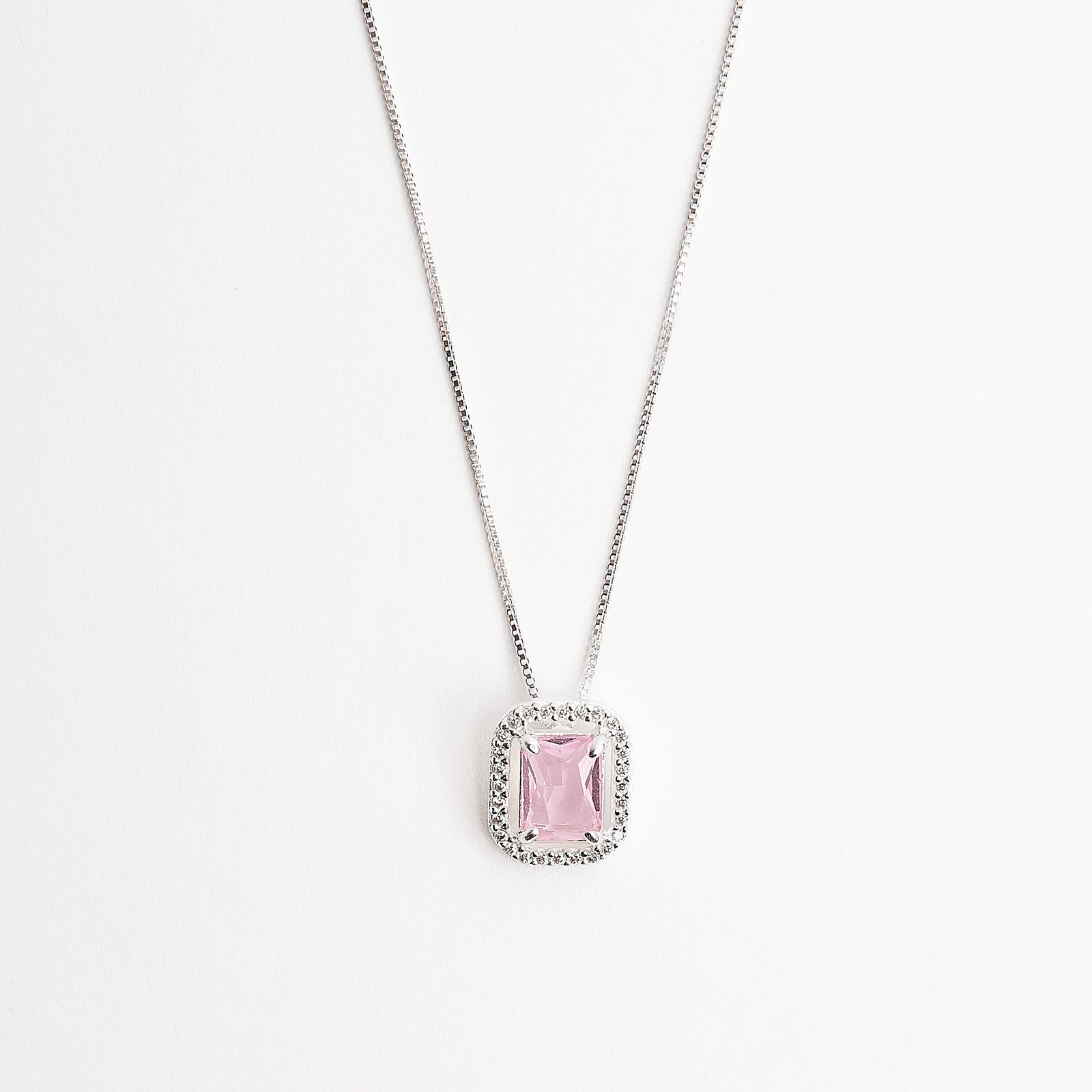 Imagem Colar zircônia retangular rosa com cravejado 13mm 45cm