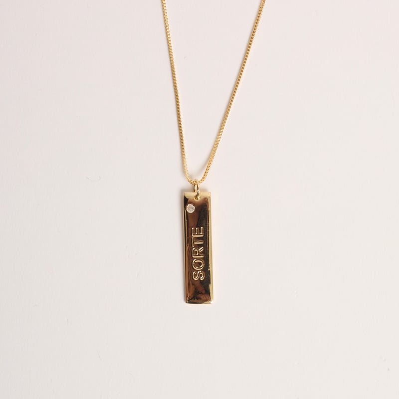 Colar pingente placa sorte 29mm detalhe zircônia 45cm com alongadora