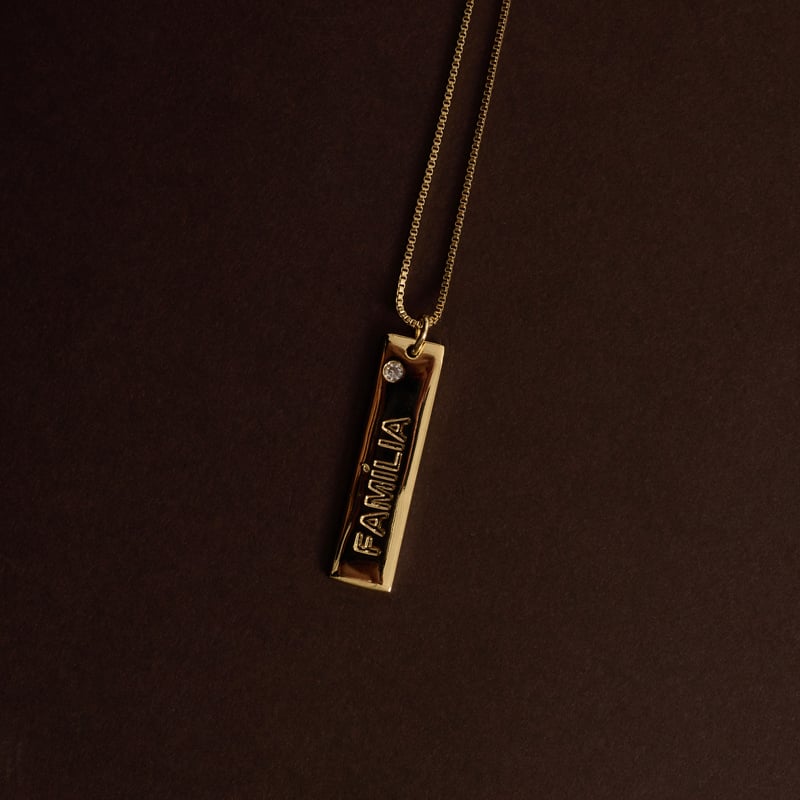 Colar pingente placa família 29mm detalhe zircônia 45cm com alongadora