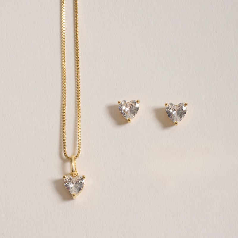 Conjunto brinco e colar zircônia coração 6mm 40cm com alongadora