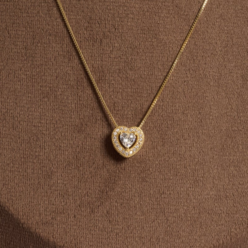 Conjunto brinco e colar zircônia coração com cravejado 11mm 45cm com alongadora