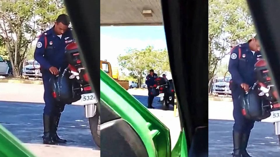 Agente de Policía en Cienfuegos Sacando Gasolina de Moto Oficial