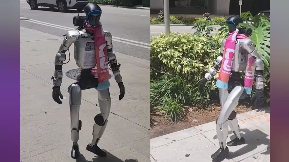 Robot con bufanda del Mundial 2026 camina por Miami