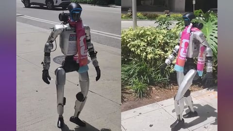 Robot con bufanda del Mundial 2026 camina por Miami