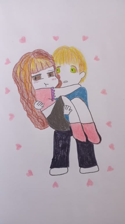 Ilustración: chico de cabello rubio carga a una chica de cabello castaño rodeados de corazones