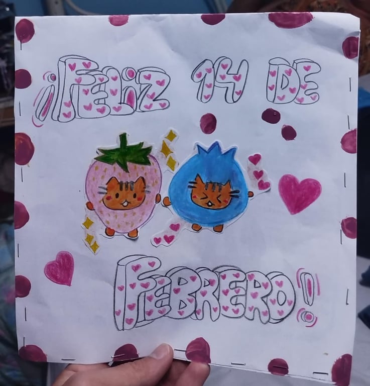 Tarjeta hecha a mano: Feliz 14 de febrero con dos gatos en disfraz de fresa y arándano