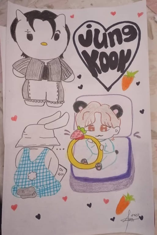 Fanart de Jungkook: Hello Kitty, corazón con su nombre, conejo de espaldas y chibi con fresa