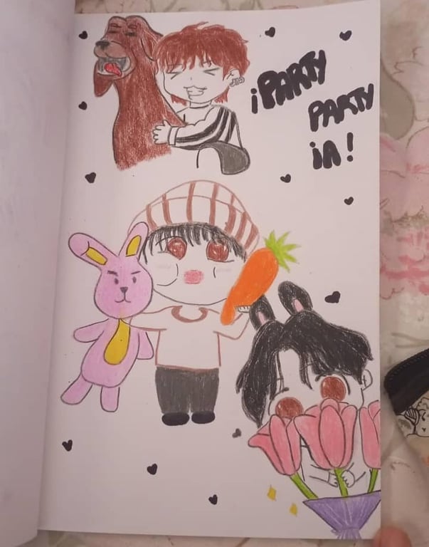 Lámina con tres dibujos: abrazo a un perro, personaje con gorro rosa y conejo, y ojos entre tulipanes