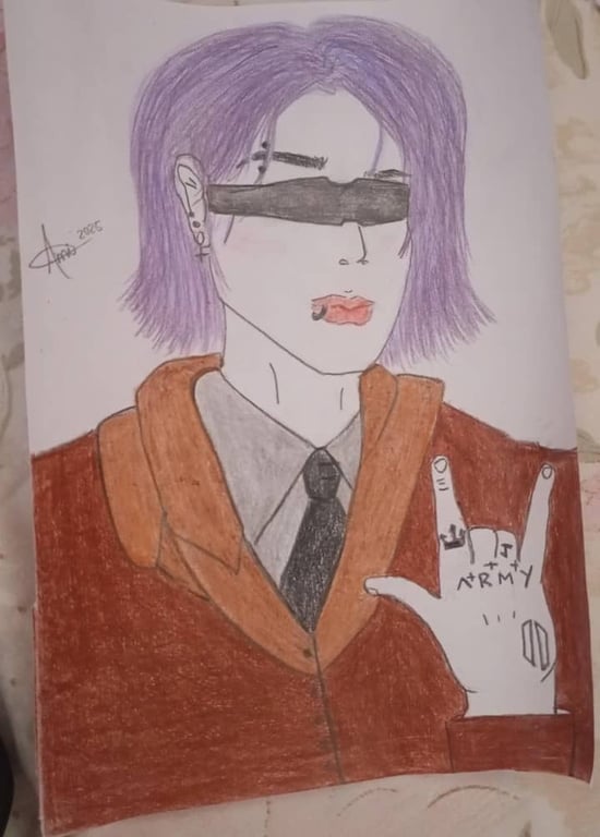 Retrato con cabello morado, antifaz negro y mano con tatuajes ARMY haciendo el signo rock