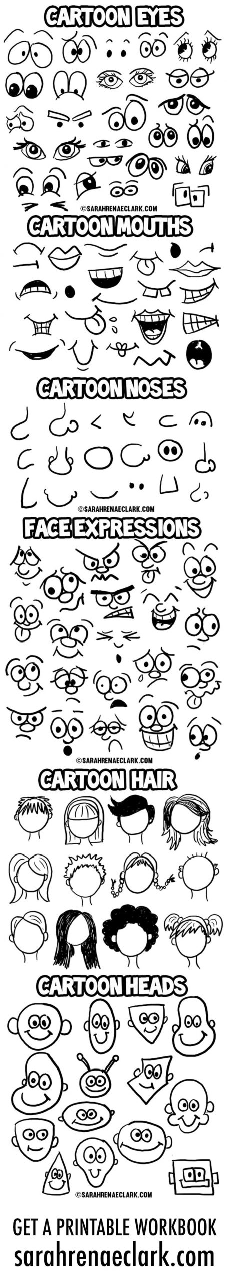 How to draw cartoon faces: free resources by https://sarahrenaeclark.com | Learn to draw your own cartoon characters | Cartoon eyes, cartoon noses, cartoon faces, cartoon heads, cartoon mouths, Cartoon hair | Design reference for drawing faces | Character poses