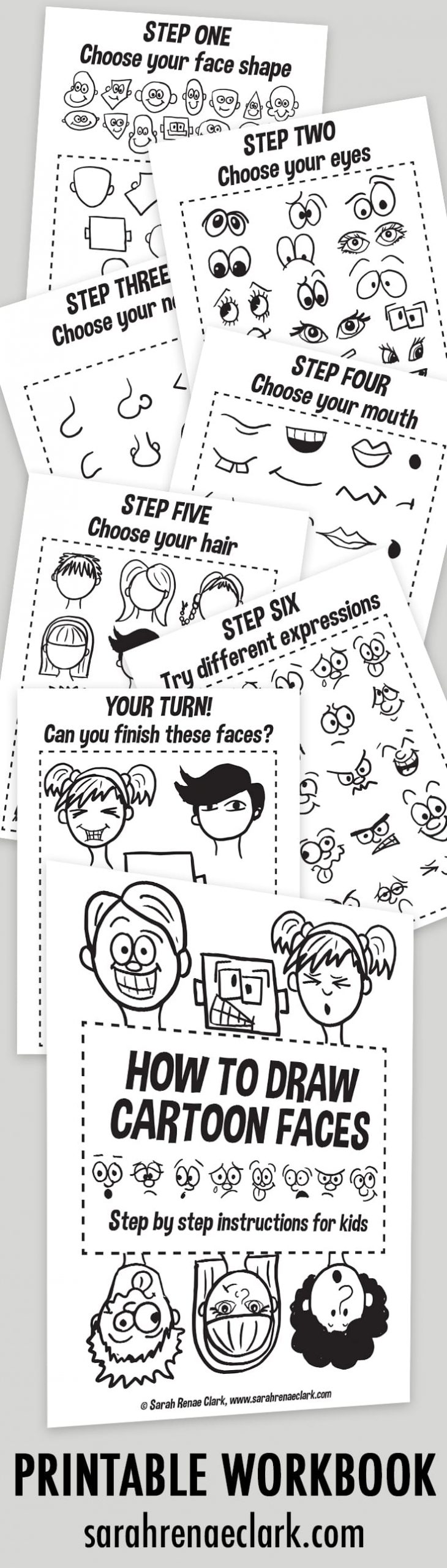How to draw cartoon faces: Printable workbook for kids by http://sarahrenaeclark.com | Learn to draw your own cartoon characters | Cartoon eyes, cartoon noses, cartoon faces, cartoon heads, cartoon mouths, Cartoon hair | Design reference for drawing faces | Character poses