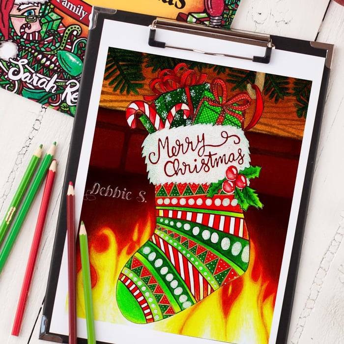 Check out this coloring page from "Coloring Christmas" | Colored by Debbie Schroeder. Get the coloring book at www.sarahrenaeclark.com #christmas #coloringbook