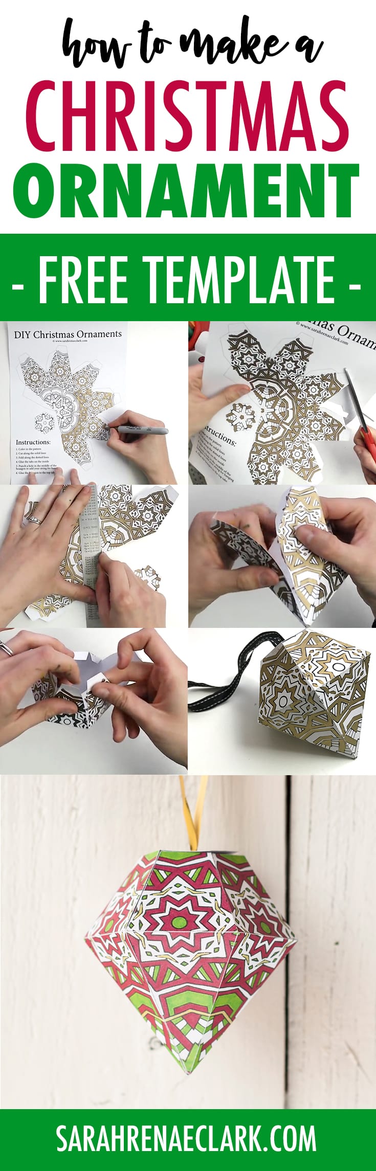 Make a paper ornament for your Christmas tree with this free printable template and tutorial! | Check it out at sarahrenaeclark.com #christmas #freeprintable