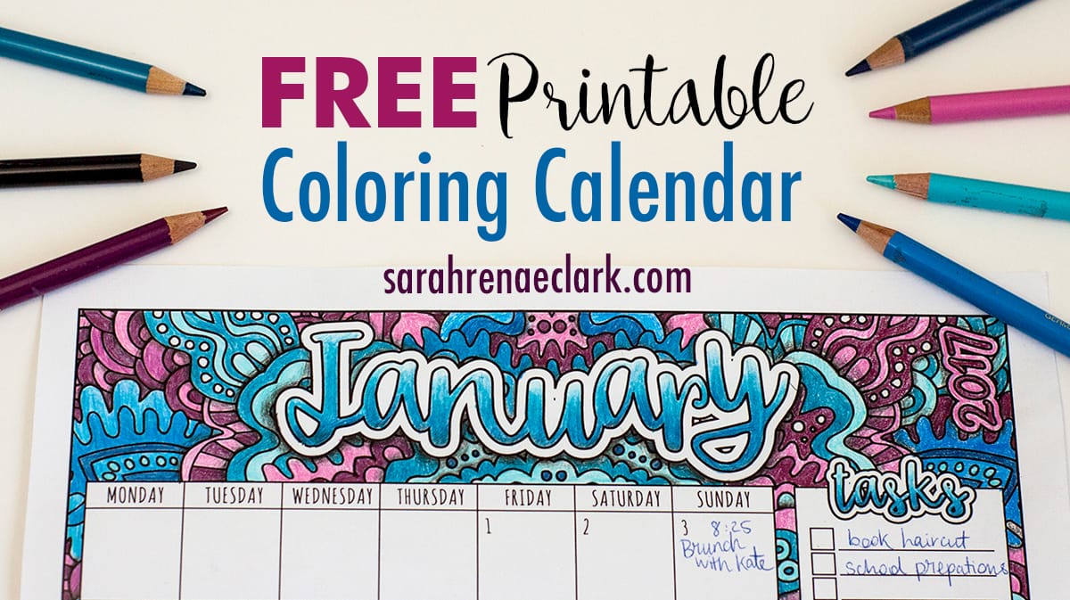 Free Printable Coloring Calendar with BONUS tutorial on how to create shadows with colored pencils | For more free printables and coloring pages, visit www.sarahrenaeclark.com