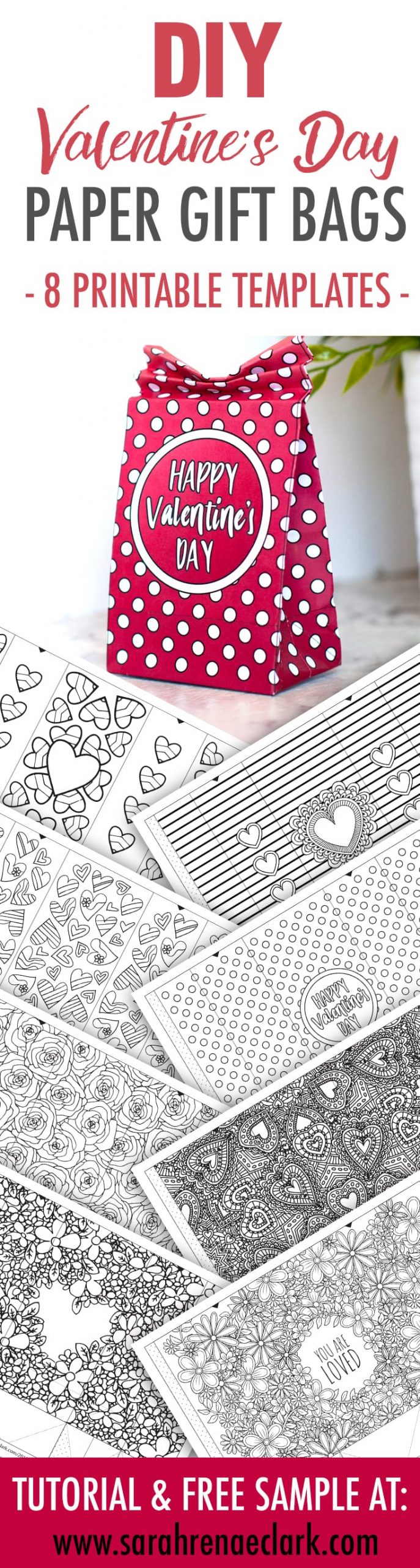 DIY Valentine's Day Paper Gift Bags | Free Template and Tutorial | Learn how to make your own cute coloring page paper gift bags - what a great gift idea for Valentine's Day! Watch the video instructions and download your free printable template at www.sarahrenaeclark.com| Valentine's Day Craft, DIY Valentine's Day, DIY paper gift bag, DIY gift bag, Valentine’s Day activity, DIY craft, free craft template, DIY gift bag tutorial, video tutorial, free template, free coloring page, free Valentine’s Day coloring pages, free printable, printable template