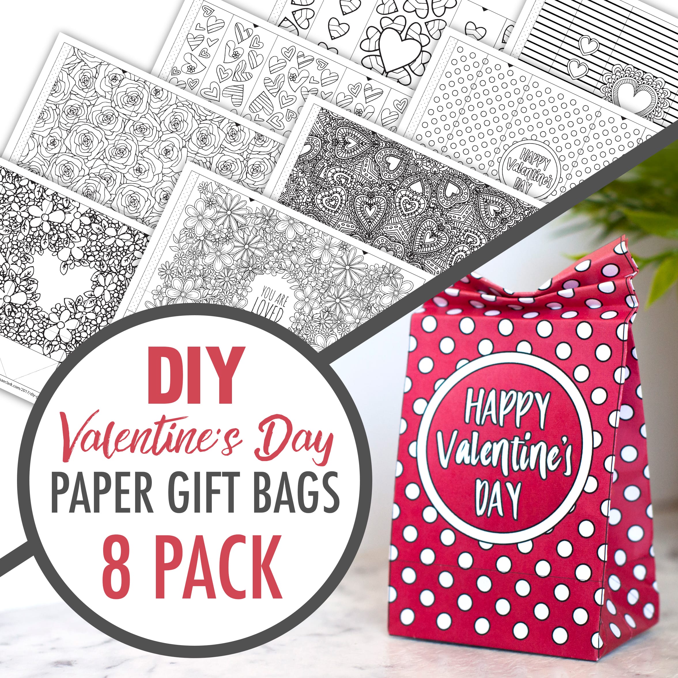 DIY Valentine's Day Paper Gift Bags | Free Template and Tutorial | Learn how to make your own cute coloring page paper gift bags - what a great gift idea for Valentine's Day! Watch the video instructions and download your free printable template at www.sarahrenaeclark.com| Valentine's Day Craft, DIY Valentine's Day, DIY paper gift bag, DIY gift bag, Valentine’s Day activity, DIY craft, free craft template, DIY gift bag tutorial, video tutorial, free template, free coloring page, free Valentine’s Day coloring pages, free printable, printable template