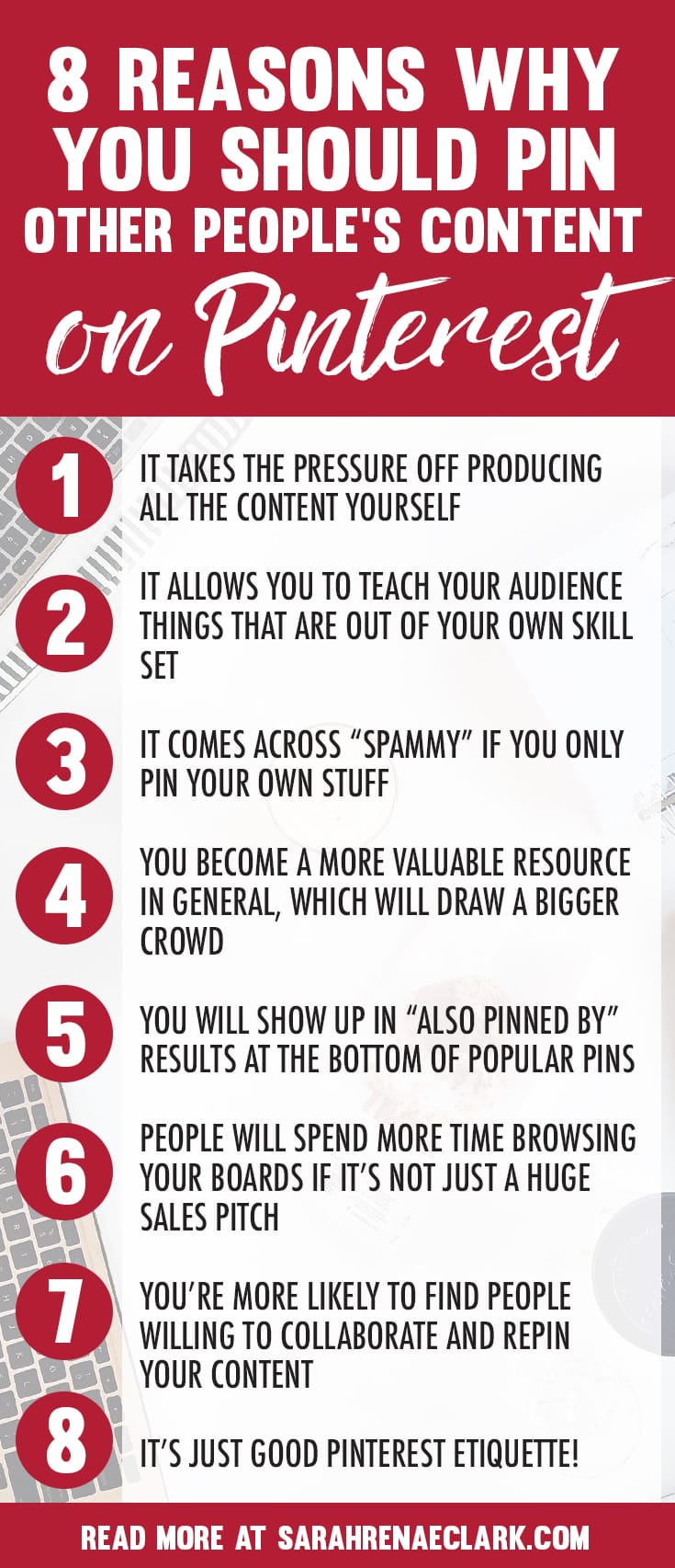 Here's 8 reasons why you should start saving content from other people on Pinterest - Don't just pin your own stuff! | More Pinterest marketing tips at www.sarahrenaeclark.com