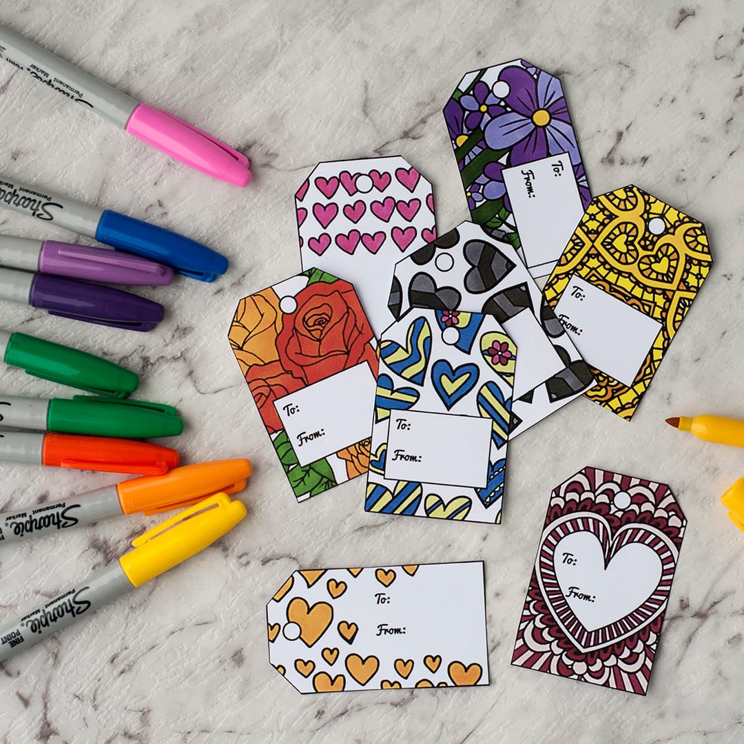 Valentine’s Day Printable Gift Tags | Find more Valentine’s coloring page craft templates at www.sarahrenaeclark.com| Valentine's Day Craft, DIY Valentine's Day, Valentine’s Day activity, DIY craft, free craft template, printable coloring pages