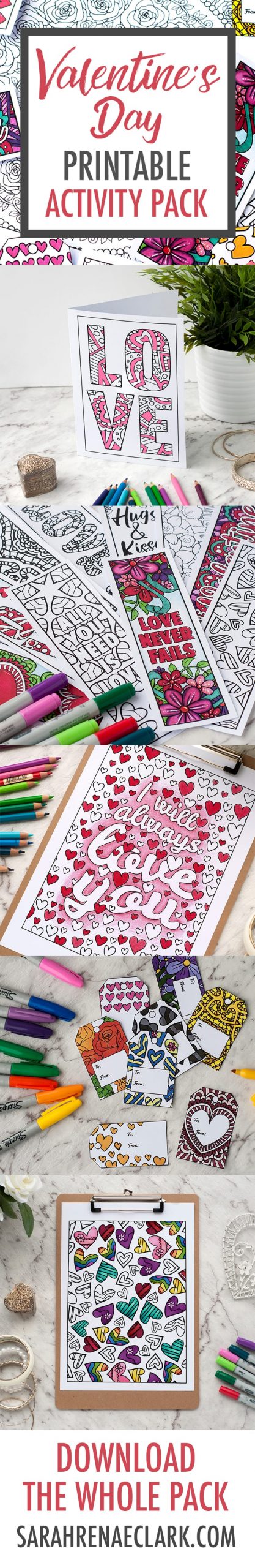Valentine’s Day Printable Activity Pack | Full of Valentine's Day coloring printables - coloring pages, bookmarks, gift tags, Valentine Cards, DIY gift bags | Find more Valentine’s coloring page craft templates at www.sarahrenaeclark.com | Valentine's Day Craft, DIY Valentine's Day, Valentine’s Day activity, DIY craft, free craft template, printable coloring pages