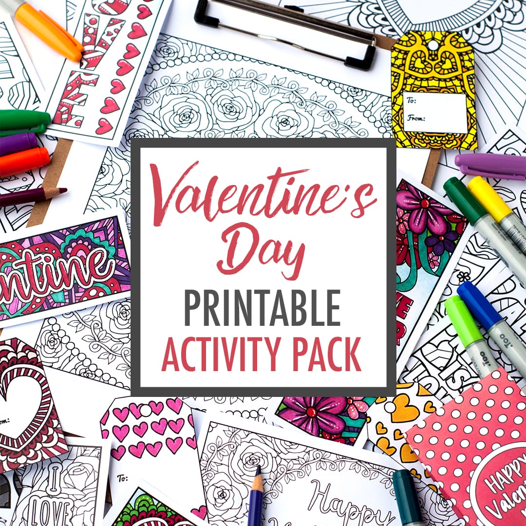 Valentine's Day Printable Activity Pack | Print and color your own Valentine's Day cards, coloring pages, bookmarks, gift tags, DIY gift bags and more! Get it at www.sarahrenaeclark.com