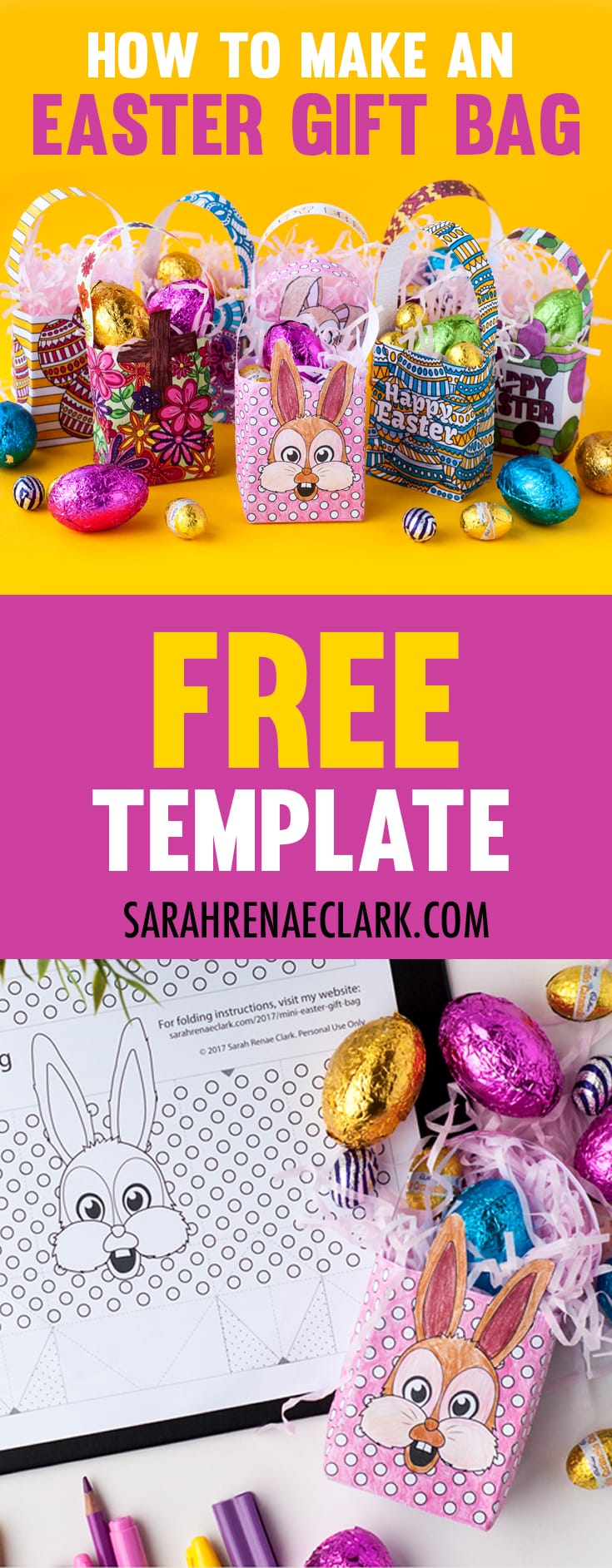 Make your own mini Easter gift bags with this free template and easy tutorial by Sarah Renae Clark. Click to get started! http://sarahrenaeclark.com/2017/mini-easter-gift-bag/