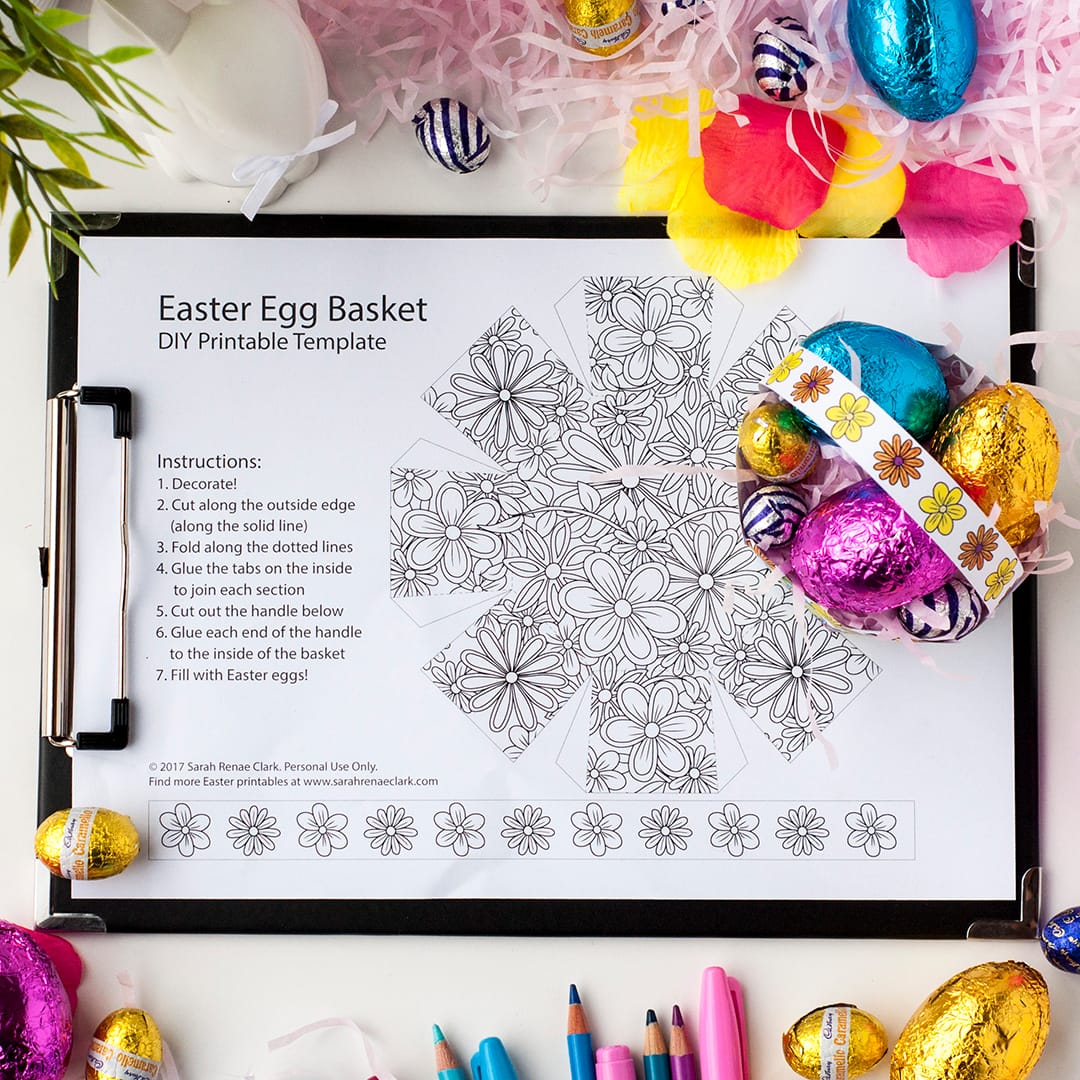Make your own Easter egg basket with this free template and easy tutorial by Sarah Renae Clark. Click to get started! http://sarahrenaeclark.com/2017/how-to-make-easter-egg-basket-free-template/