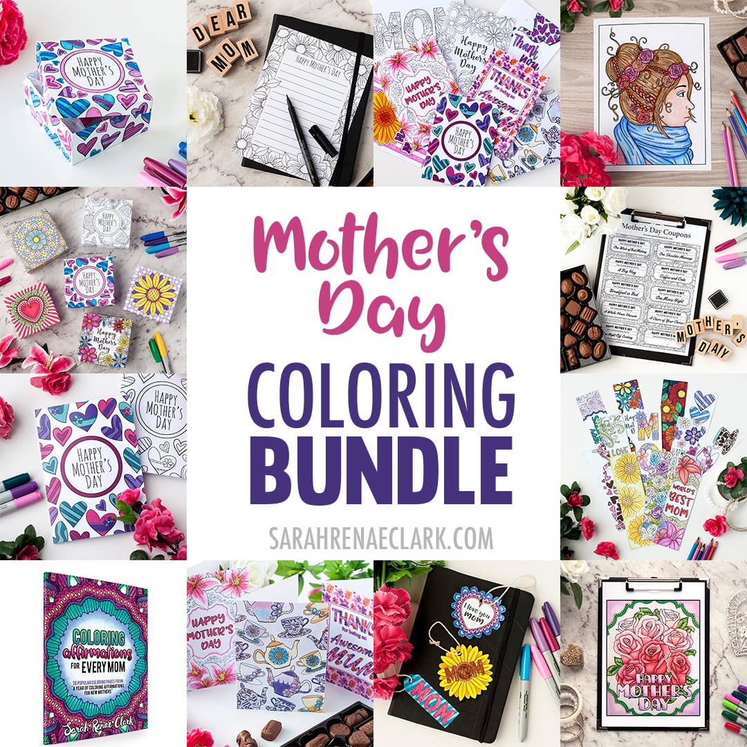 A collection of coloring pages, cards and bookmarks with mothers day motifs 