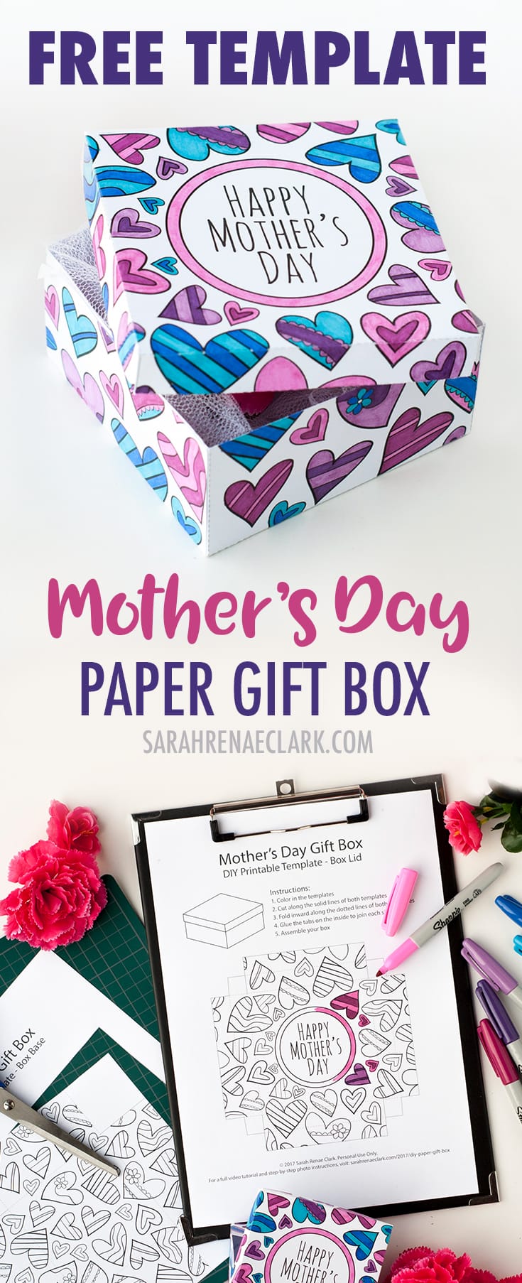Download this free printable paper gift box template to color in and make a Mother’s Day gift box! Visit the blog to see a full video tutorial and step-by-step photo instructions. Check it all out at http://sarahrenaeclark.com/2017/diy-paper-gift-box/