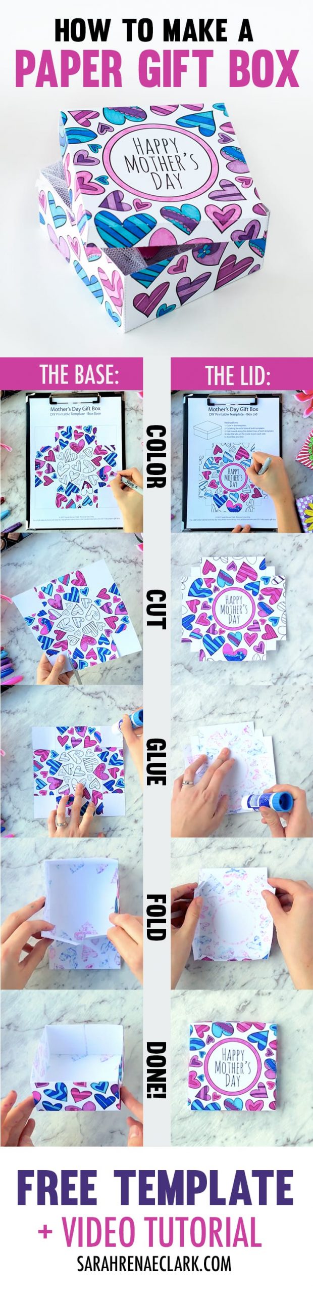 Download this free printable paper gift box template to color in and make a Mother’s Day gift box! Visit the blog to see a full video tutorial and step-by-step photo instructions. Check it all out at http://sarahrenaeclark.com/2017/diy-paper-gift-box/