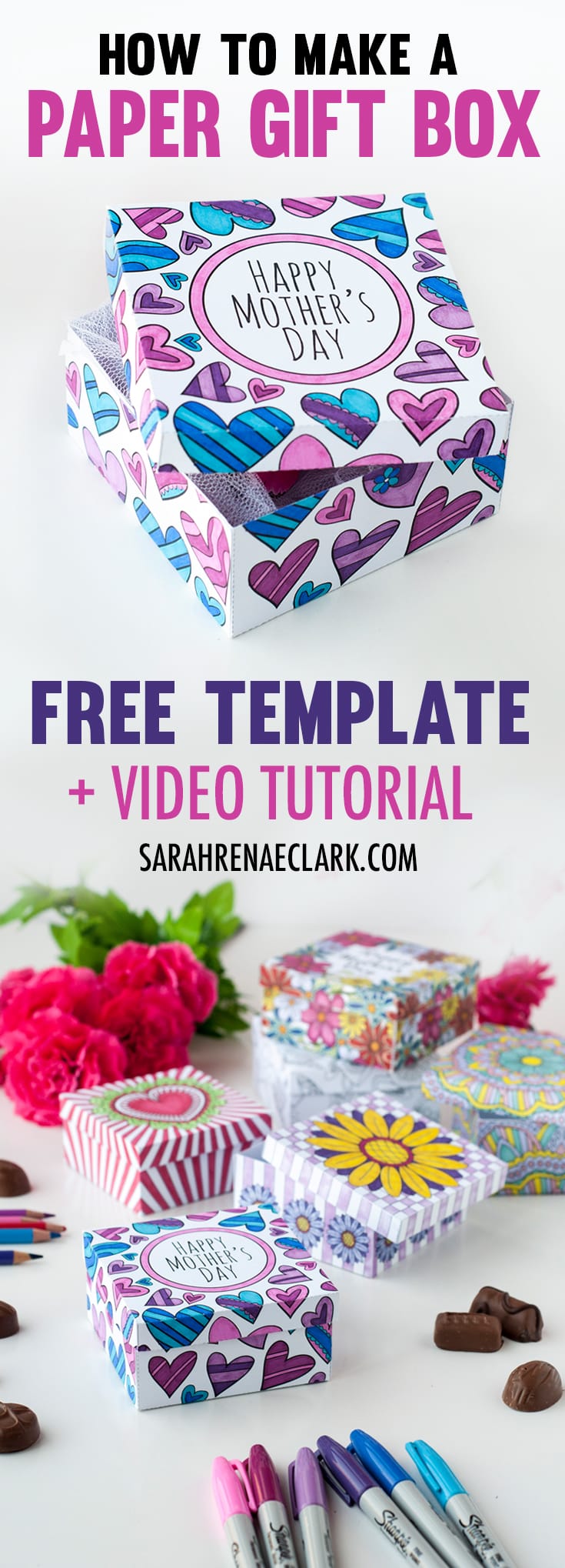 Download this free printable paper gift box template to color in and make a Mother’s Day gift box! Visit the blog to see a full video tutorial and step-by-step photo instructions. Check it all out at http://sarahrenaeclark.com/2017/diy-paper-gift-box/