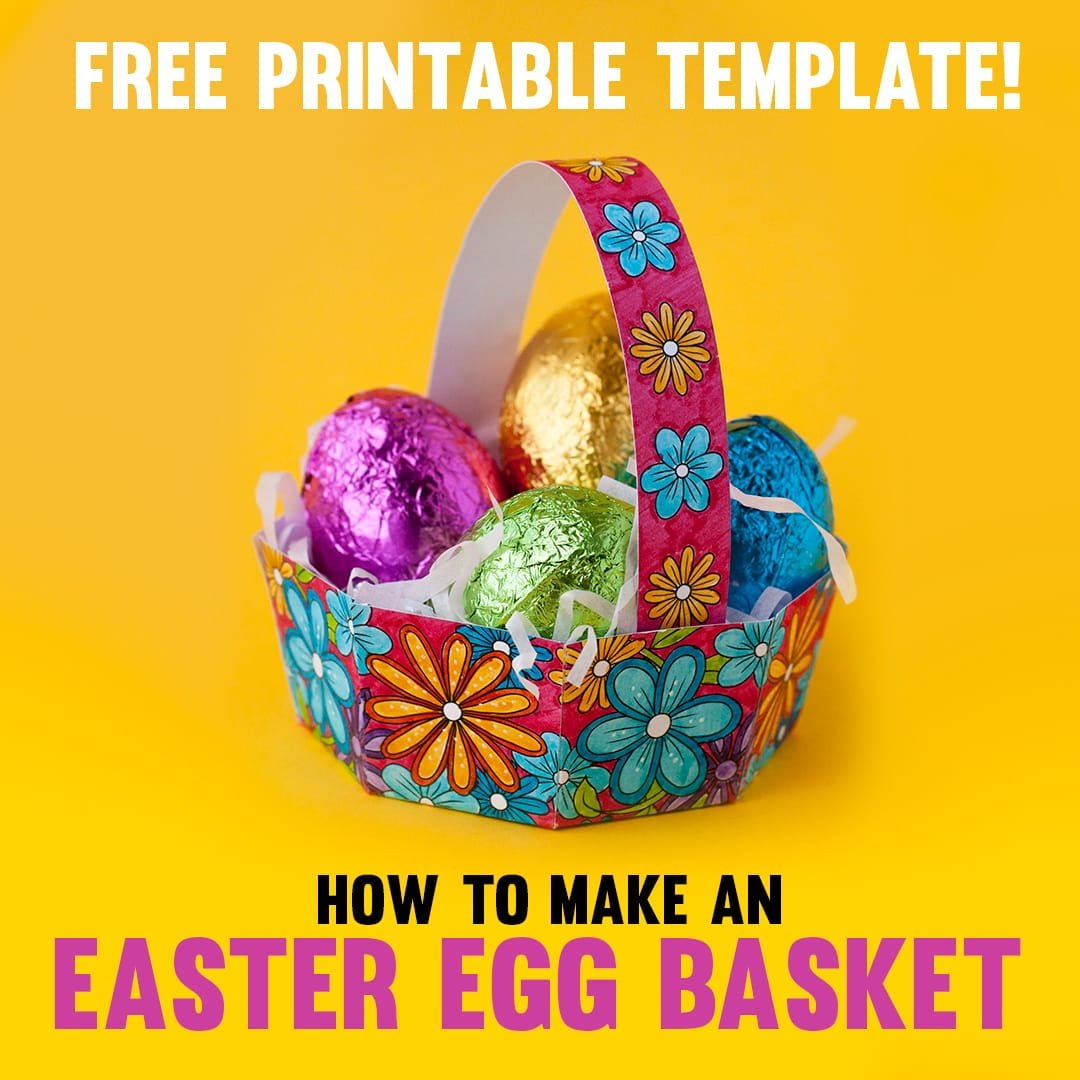 Make an Easter egg basket with this free template and easy tutorial by Sarah Renae Clark. Click to get started! http://sarahrenaeclark.com/2017/how-to-make-easter-egg-basket-free-template/