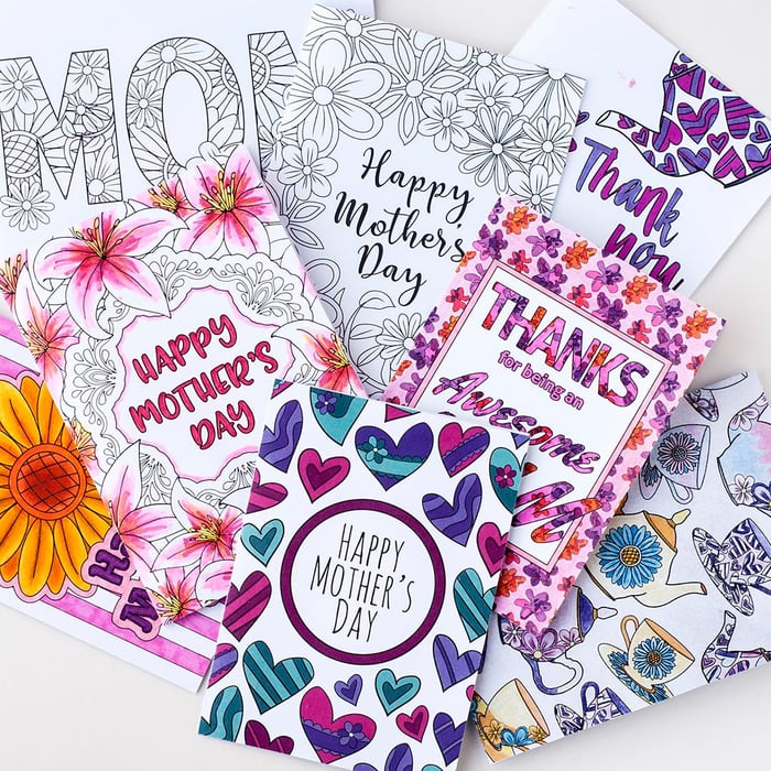 These printable Mother’s Day cards are fun to color in and a great way to personalize your Mother’s Day gift! Includes 8 printable cards to color in | Find more Mother’s Day printables and coloring pages at https://sarahrenaeclark.com/shop/cat/seasonal/mothers-day/