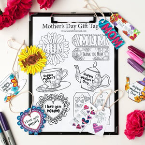 These printable Mother’s Day gift tags are fun to color in and a great way to personalize your Mother’s Day gift! 8 Designs available to color for Mother’s Day - Both “mom” and “mum” spellings are available | Find more Mother’s Day printables and free coloring pages at https://sarahrenaeclark.com/shop/cat/seasonal/mothers-day/