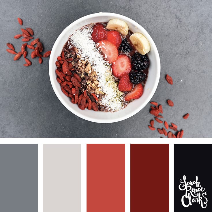 Color-Palette-107-breakfast reds and grays - I love this color palette! | Click for more color combinations and color palettes inspired by the Pantone Fall 2017 Color Trends, plus other coloring inspiration at http://sarahrenaeclark.com | Colour palettes, colour schemes, color therapy, mood board, color hue
