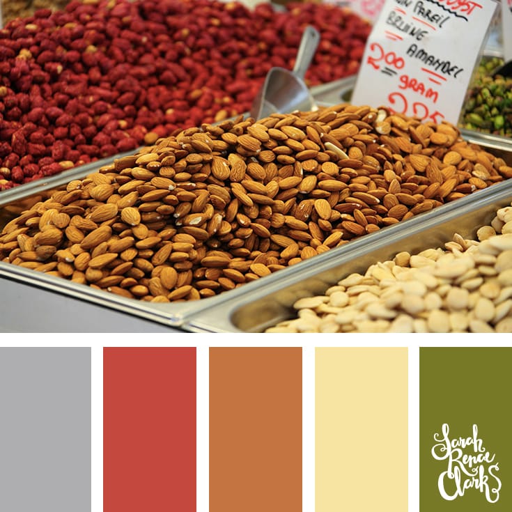 Color-Palette-109-almond Color Inspiration from nuts | Click for more color combinations and color palettes inspired by the Pantone Fall 2017 Color Trends, plus other coloring inspiration at http://sarahrenaeclark.com | Colour palettes, colour schemes, color therapy, mood board, color hue