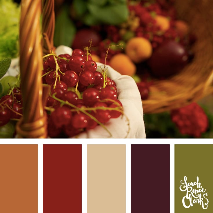 Color-Palette-110-basket Autumn color Inspiration | Click for more color combinations and color palettes inspired by the Pantone Fall 2017 Color Trends, plus other coloring inspiration at http://sarahrenaeclark.com | Colour palettes, colour schemes, color therapy, mood board, color hue