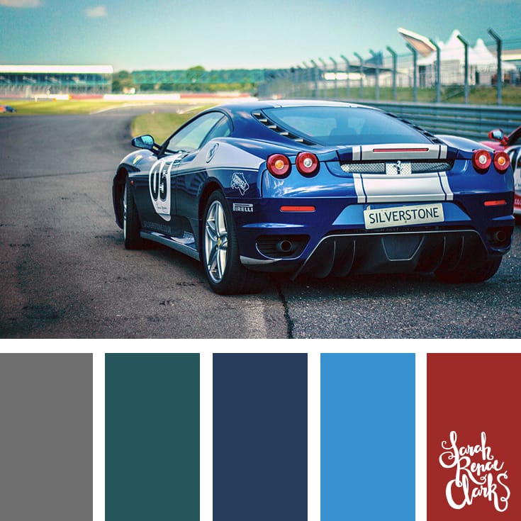 Color-Palette-111-car Teal, blue, red, gray - Color Inspiration | Click for more color combinations and color palettes inspired by the Pantone Fall 2017 Color Trends, plus other coloring inspiration at http://sarahrenaeclark.com | Colour palettes, colour schemes, color therapy, mood board, color hue