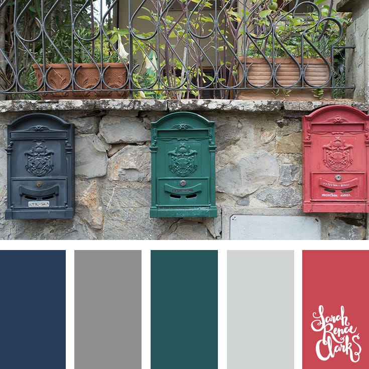 Color-Palette-115-mailboxes I love these colors! | Click for more color combinations and color palettes inspired by the Pantone Fall 2017 Color Trends, plus other coloring inspiration at http://sarahrenaeclark.com | Colour palettes, colour schemes, color therapy, mood board, color hue